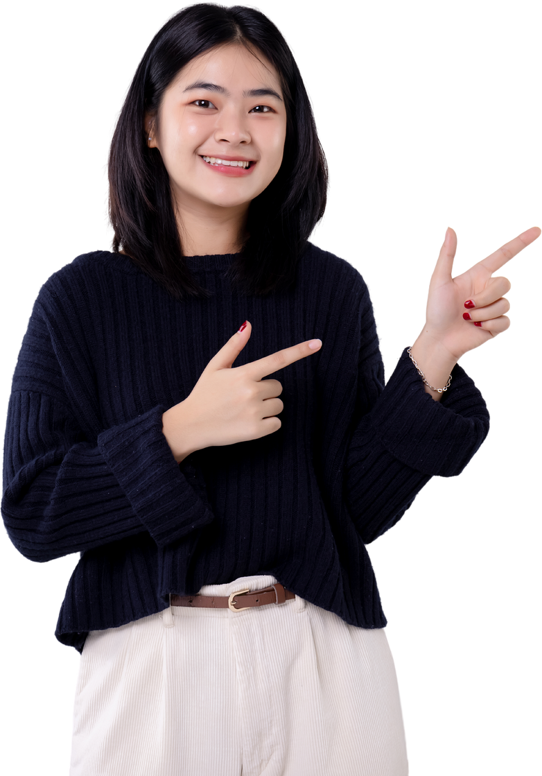 Young modern Asian woman pointing finger on isolated.